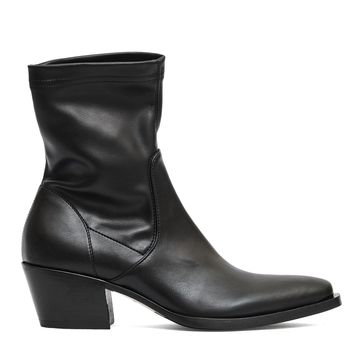 Strategia Stretch Black Leather Ankle Boots With Pointed Toe And Block Heel