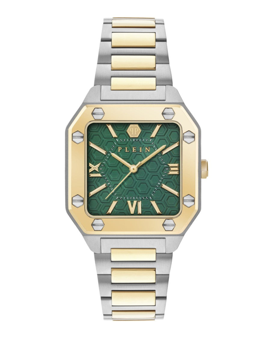 Philipp Plein Two-Tone Square Bracelet Watch With Green Guilloche Dial