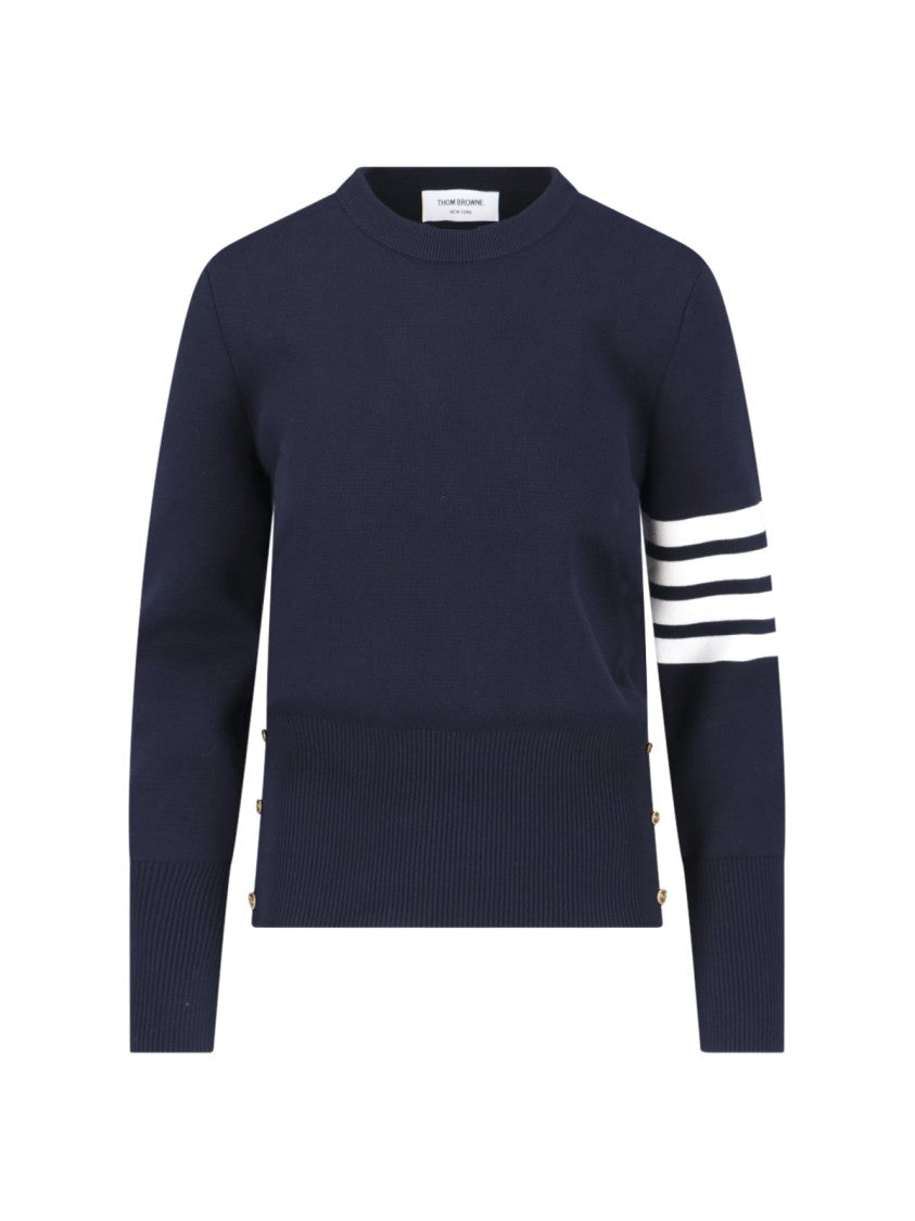 Thom Browne Navy Blue Cotton Sweater With Distinctive Four-Bar Stripes