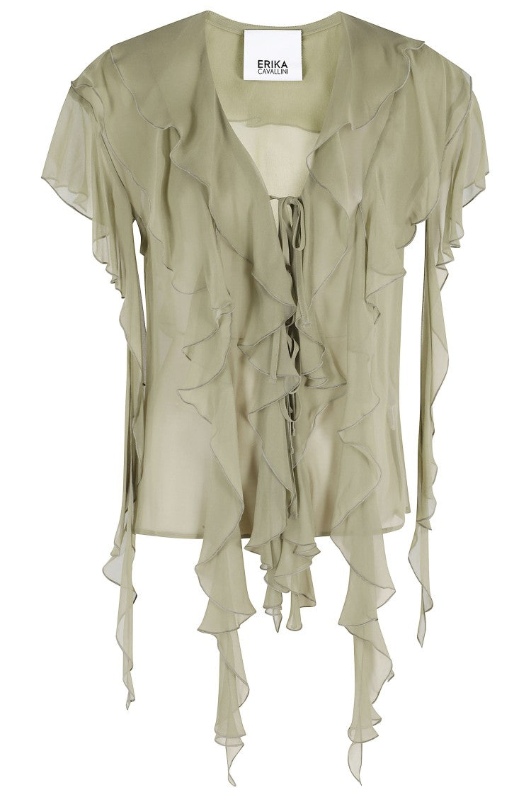 Erika Cavallini Green Lia Chiffon Ruffled V-Neck Silk Blouse