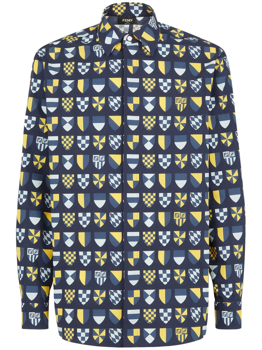 Fendi Deep Blue Geometric Shield Pattern Shirt