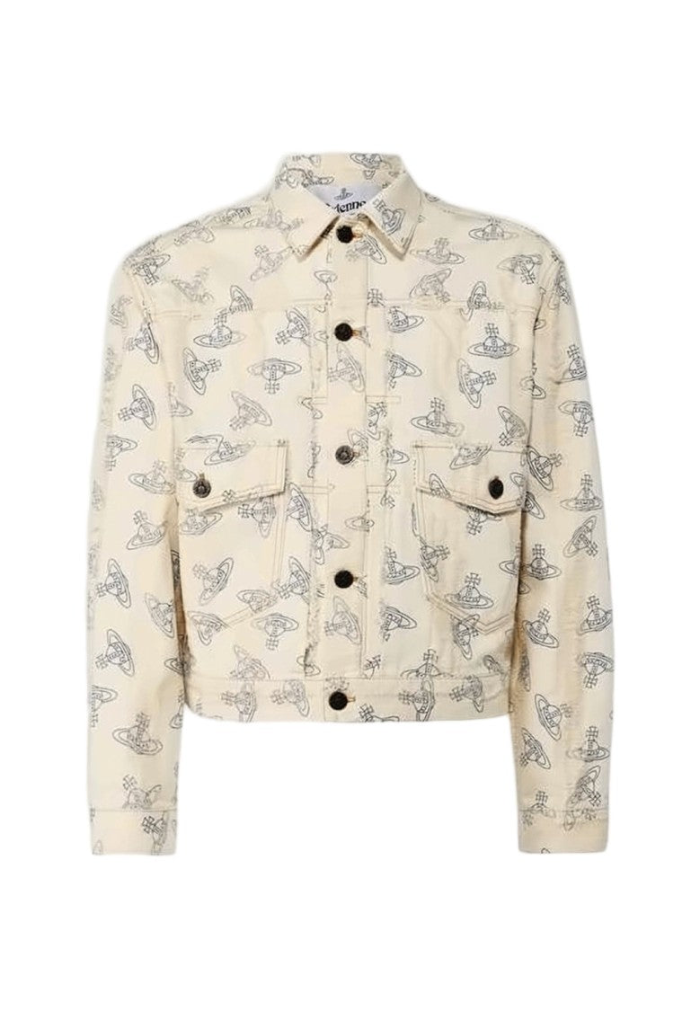 Vivienne Westwood Cropped Beige Denim Jacket With Repeated Emblem Pattern