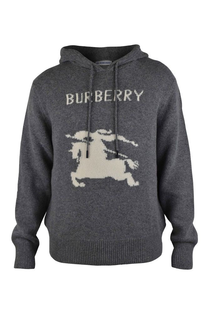 Burberry Grey Knit Hoodie With Equestrian Logo