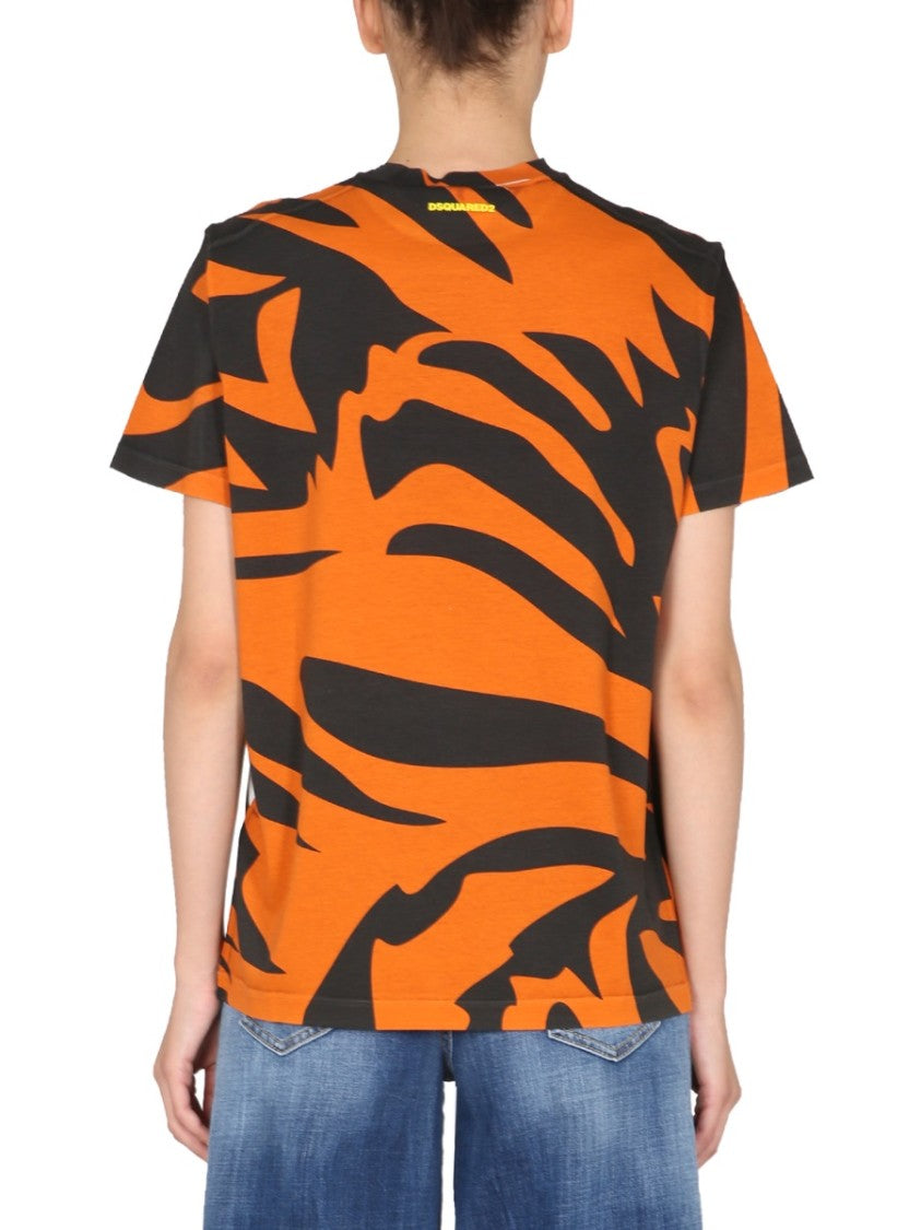 Dsquared2 Orange And Black Tiger Graphic Oversized T-Shirt
