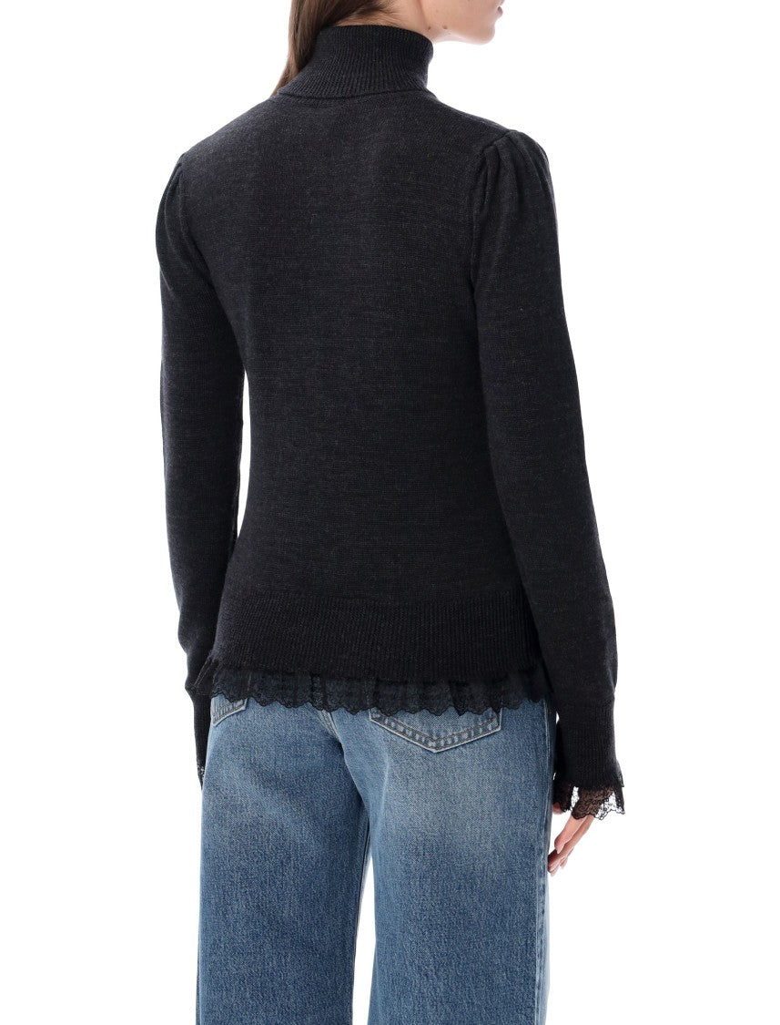 Ganni High Neck Merino Sweater With Lace Trims