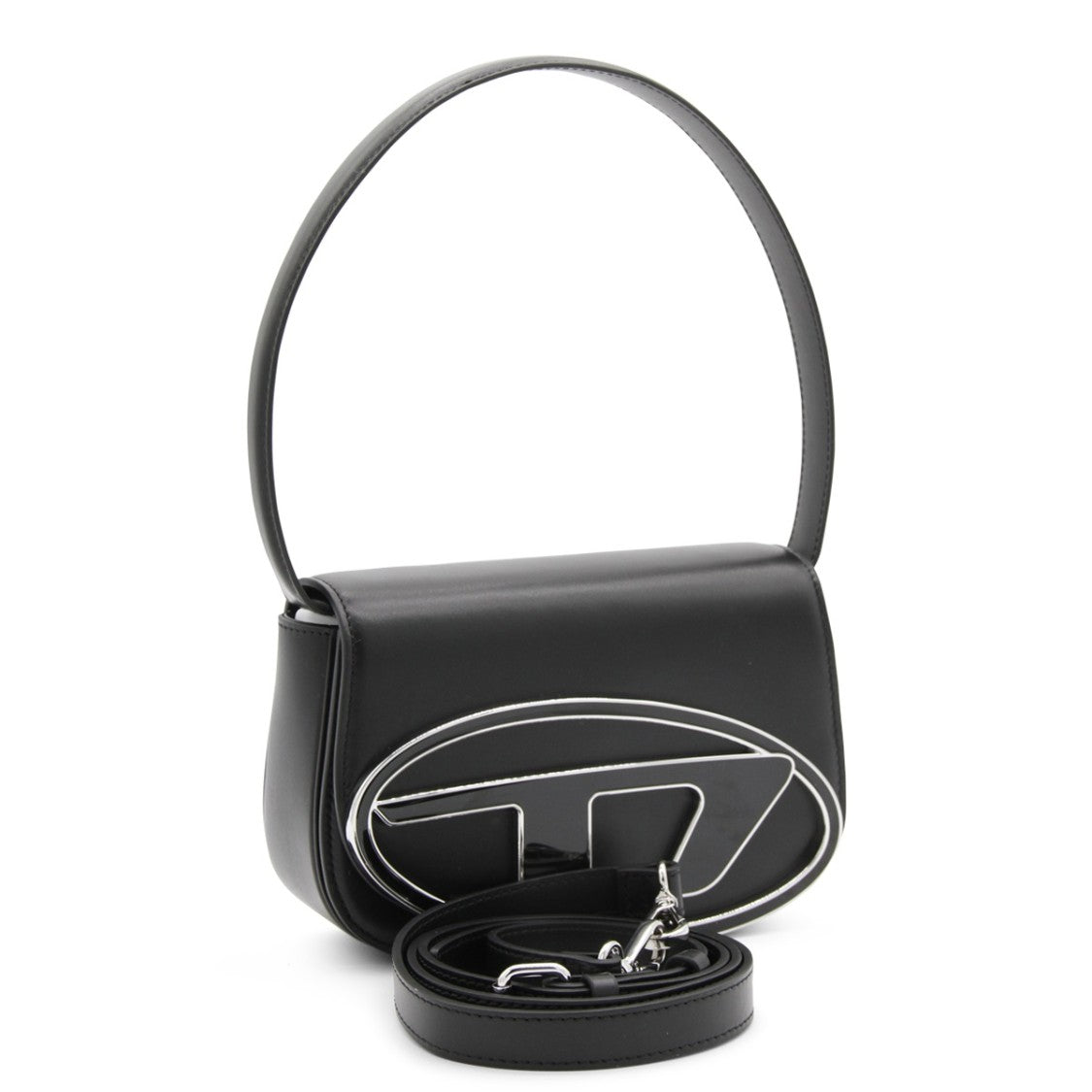 Diesel 1Dr Black Leather Shoulder Bag With Oval Logo Plaque