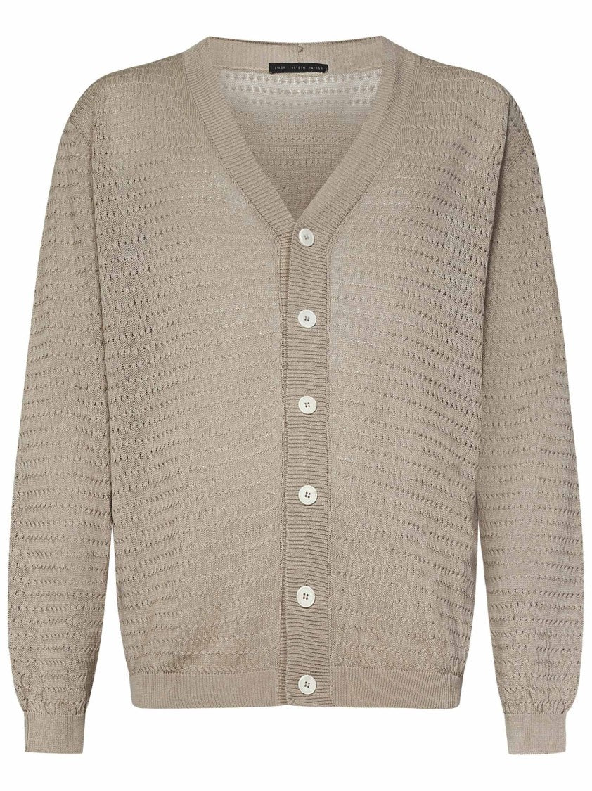 Low Brand Open-Stitch Knit V-Neck Cardigan In Sandshell Combed Cotton