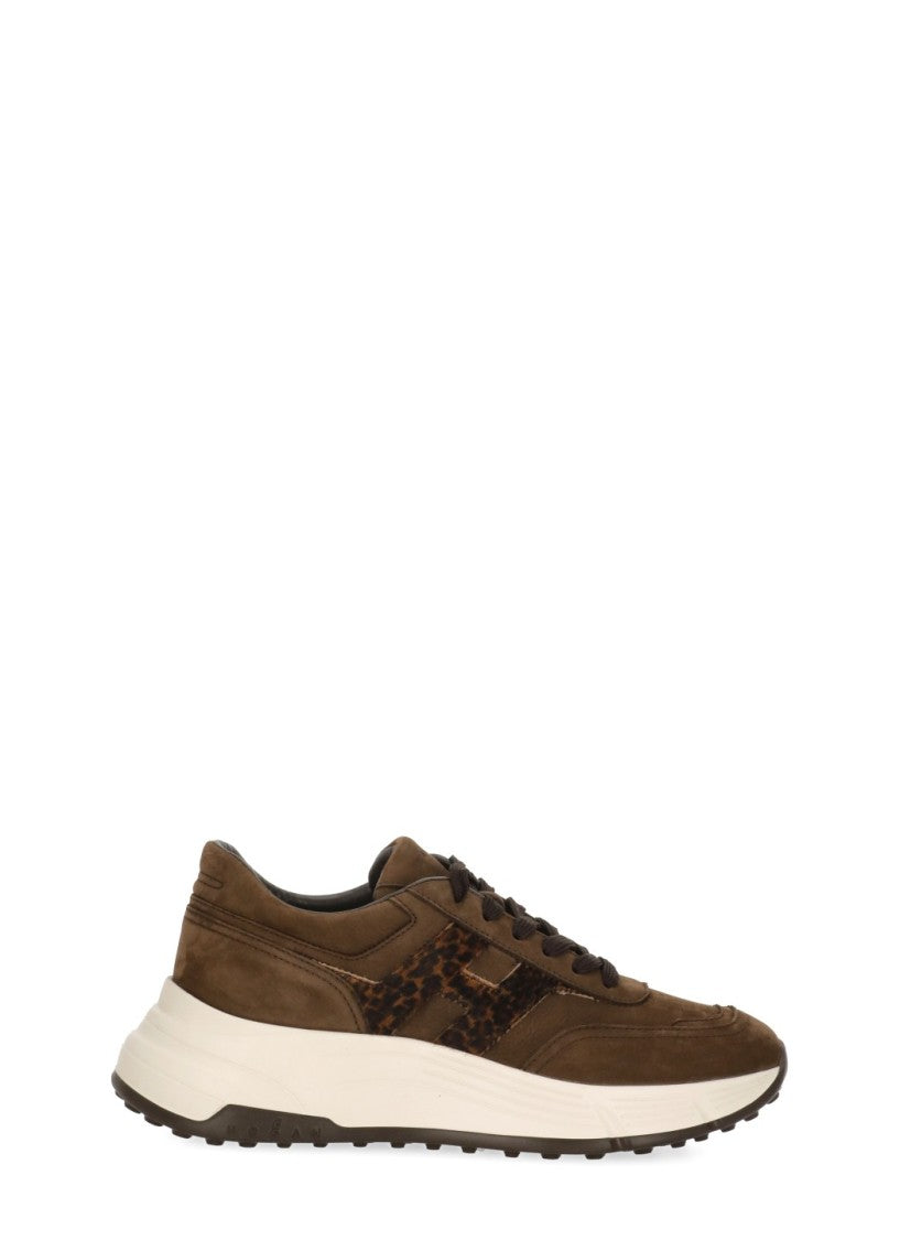 Hogan Brown Leather Sneakers With Leopard Pony Accents