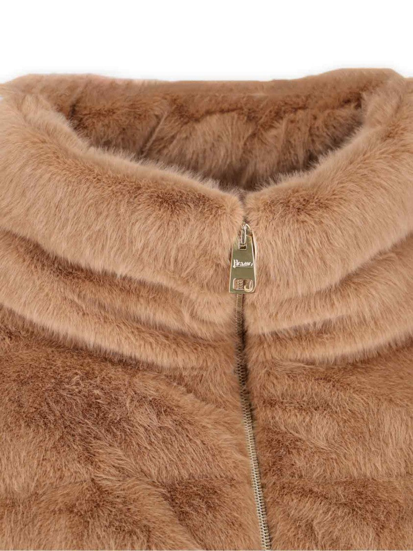 Herno Brown Quilted Faux Fur Herno Overcoat