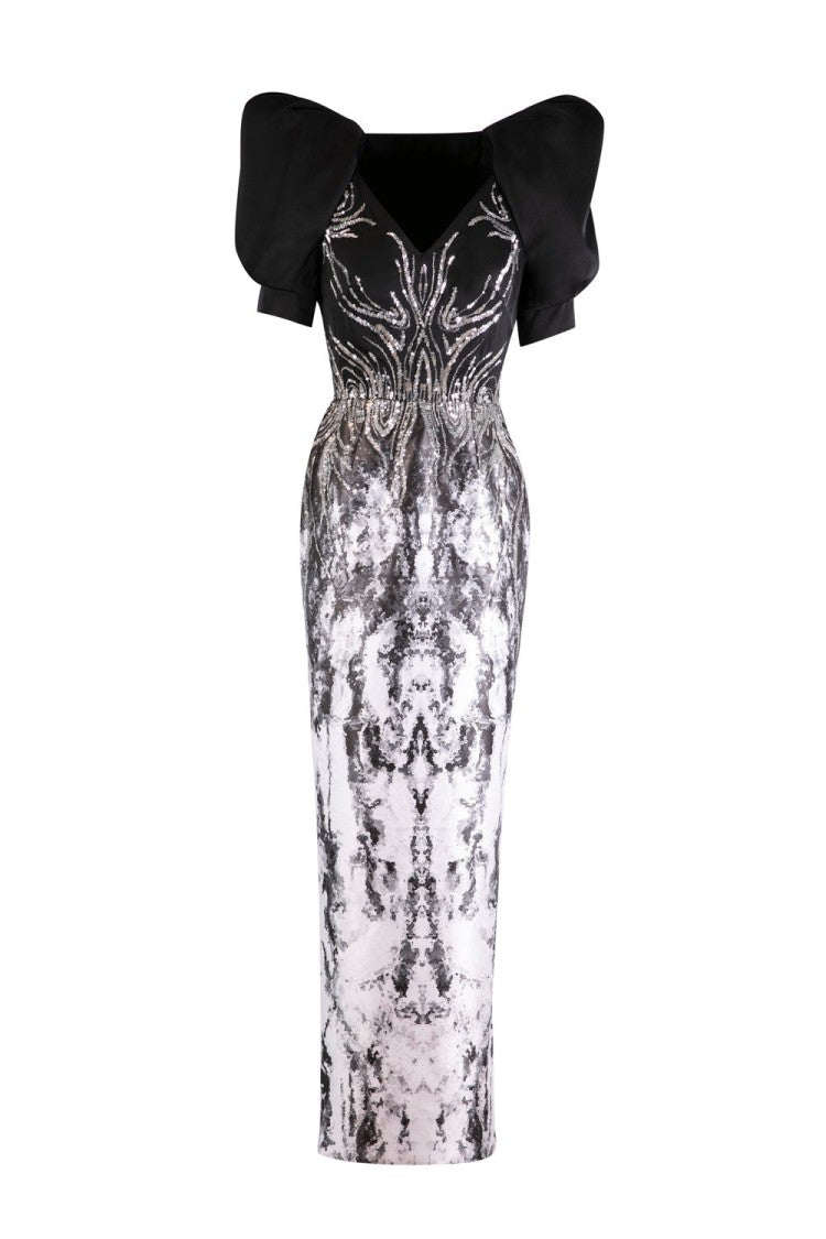 Saiid Kobeisy Printed Satin Fitted Dress With Beading