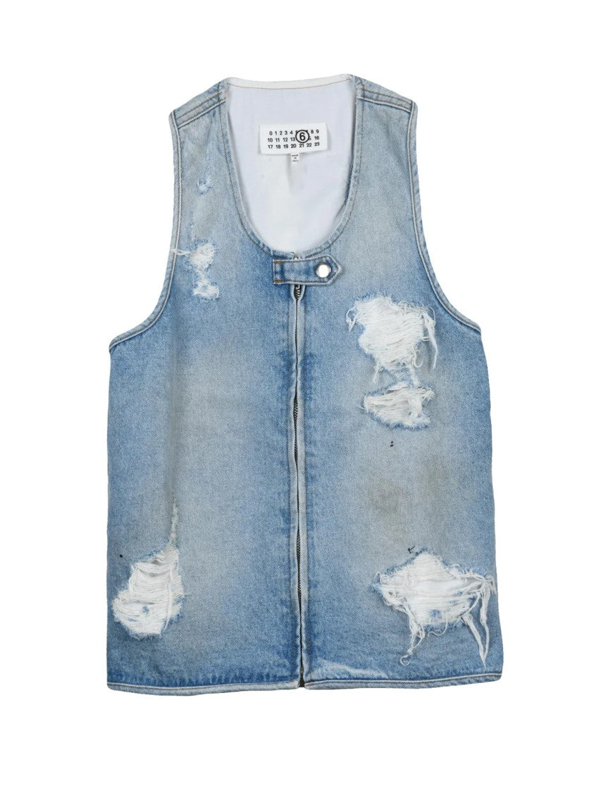 Mm6 By Maison Margiela Light Blue Distressed Cotton Denim Vest
