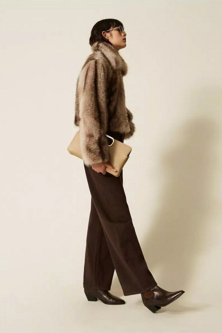 Twin-Set Brown Wide Notch Collar Faux-Fur Polyester Jacket