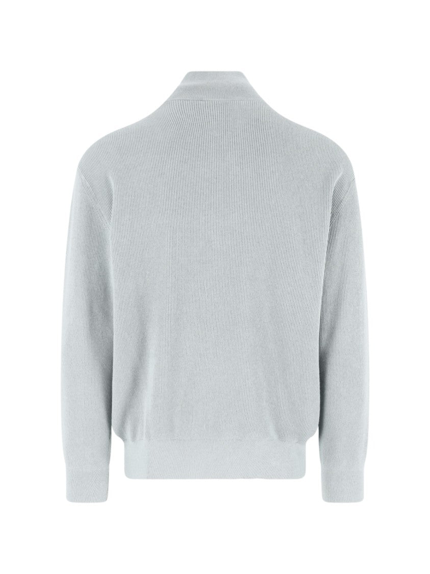 Closed Half-Zip Knit Sweater With High Collar And Ribbed Texture