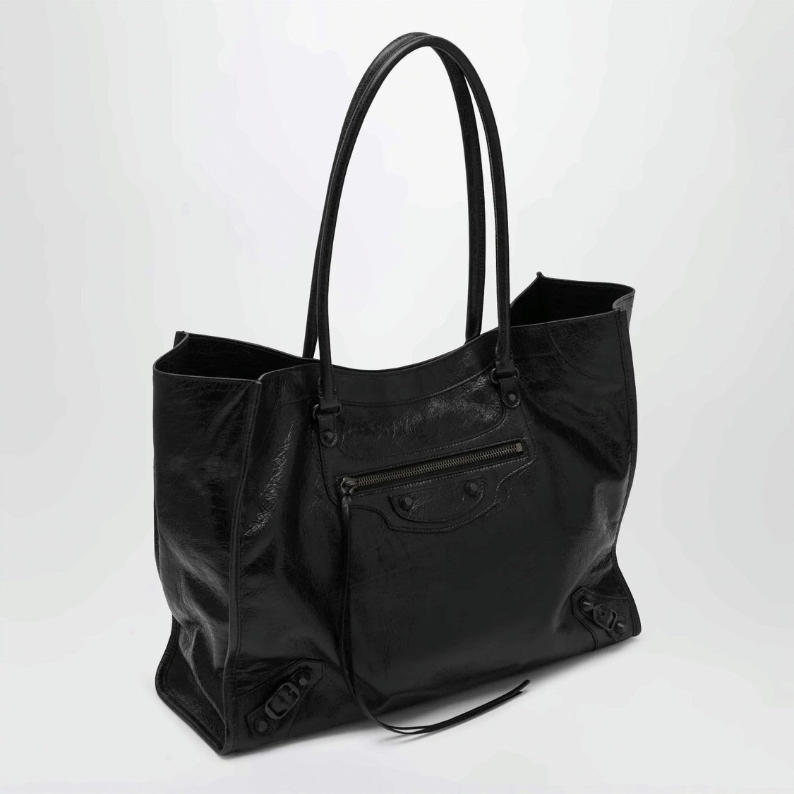 Balenciaga Medium Black Lamb Leather Tote Bag With Glossy Finish