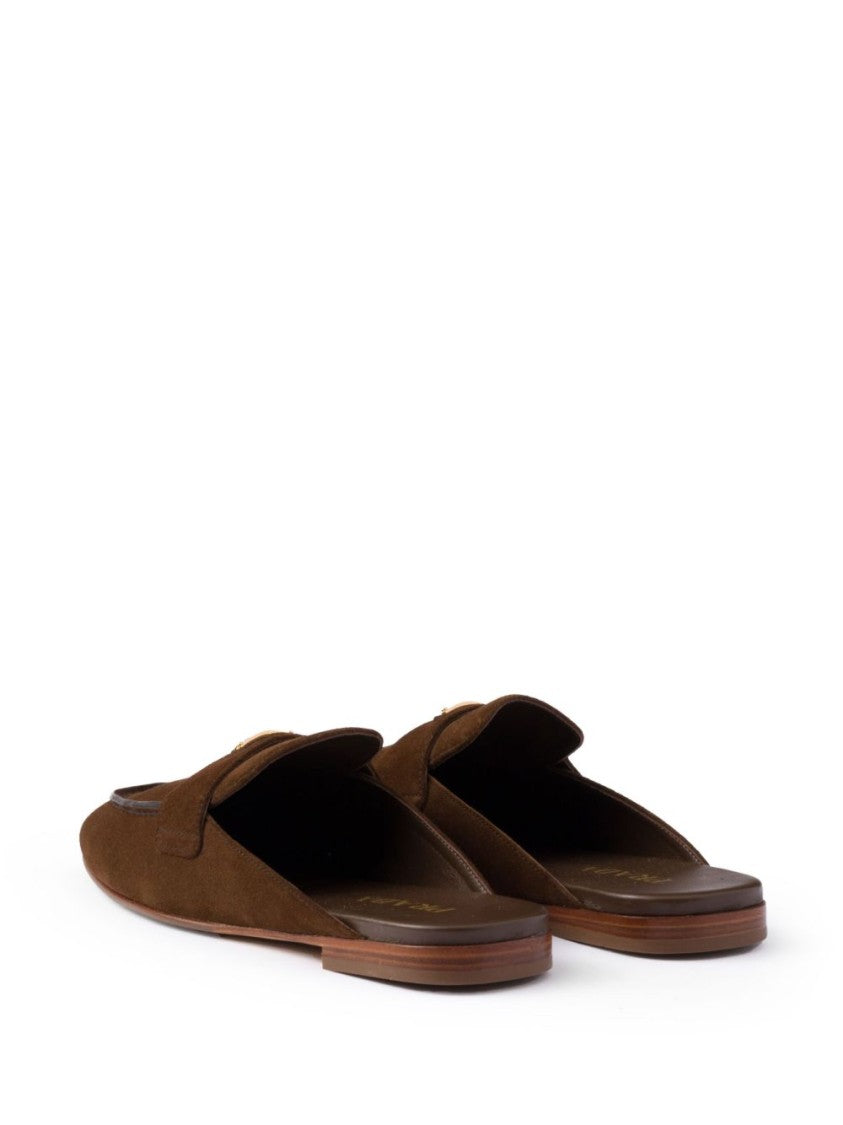 Prada Brown Triangle Logo Suede Band Slippers