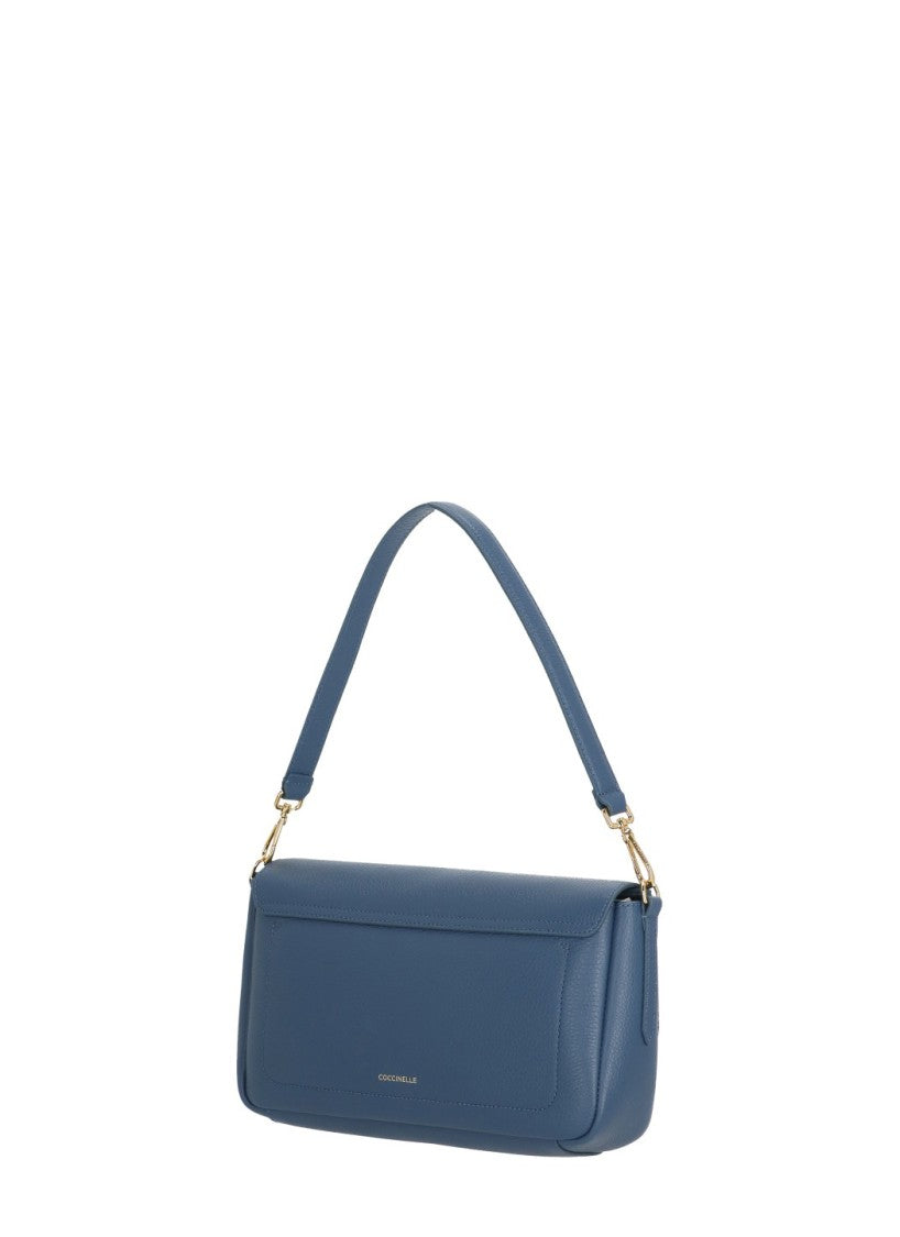 Coccinelle Structured Blue Leather Shoulder Bag With Distinctive Gold-Tone Lock