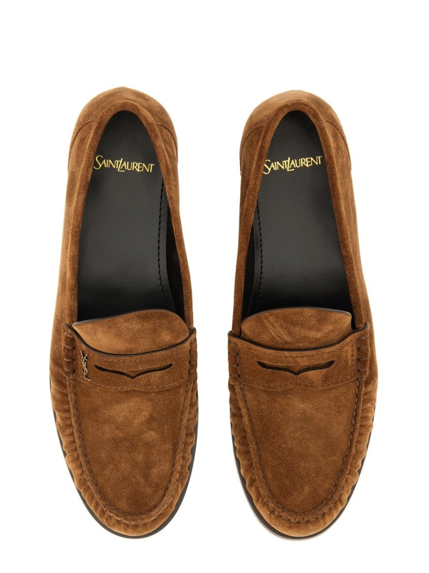 Saint Laurent Penny Loafers In Soft Calf Suede With Metallic Logo