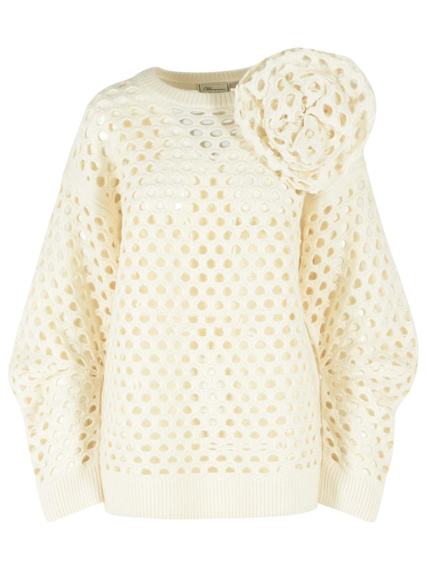 Blumarine Ivory 3D Floral Openwork Wool Cardigan