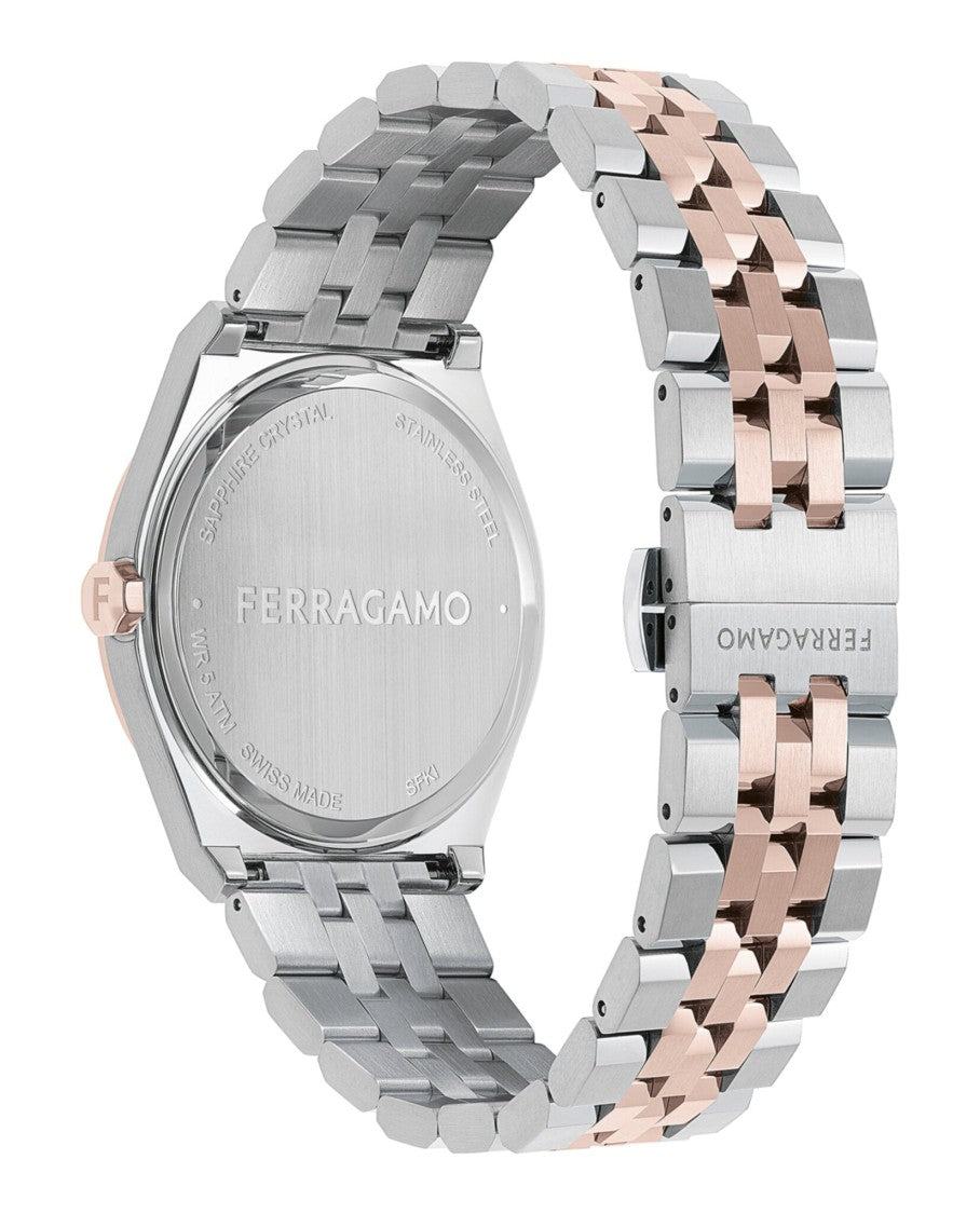 Ferragamo 40Mm Two-Tone Diamond Timepiece With Blue Guilloche Dial