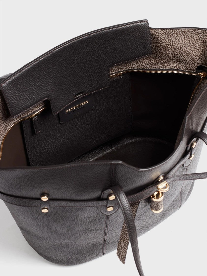Borbonese Structured Brown Pebbled Tote Bag With Gold-Tone Detailing