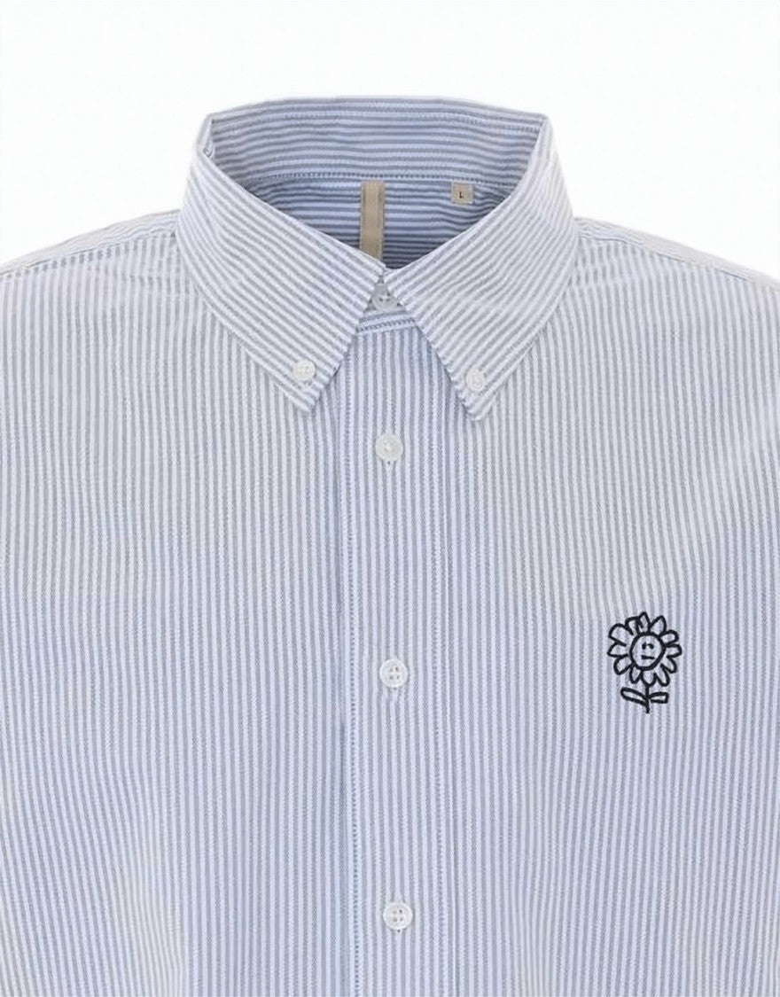 Sunflower Vertical Stripe Long-Sleeve Shirt With Embroidered Sunflower Motif