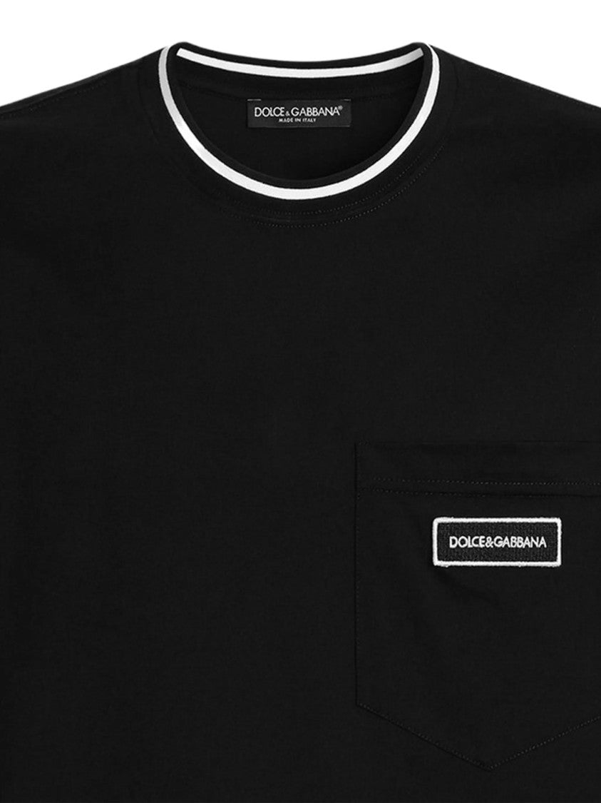 Dolce & Gabbana Black White Trim Logo Patch Cotton T-Shirt