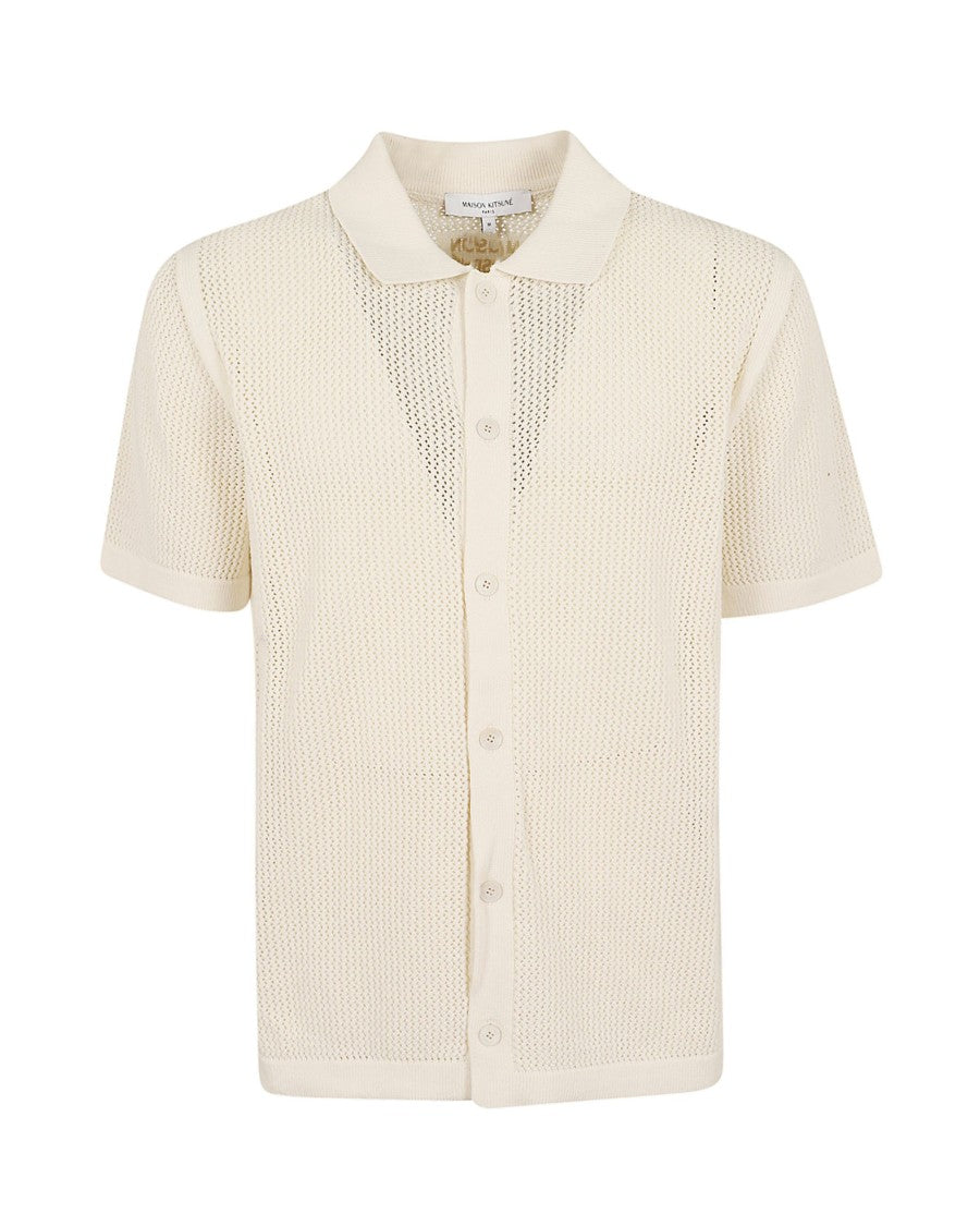 Maison Kitsuné Open Knit Cardigan With Shirt Collar And Embroidered Detail