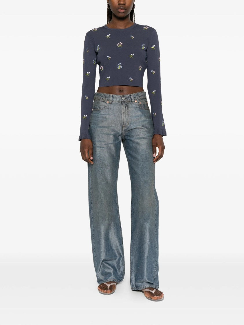 Blugirl Floral Embroidery Cropped Long-Sleeve T-Shirt