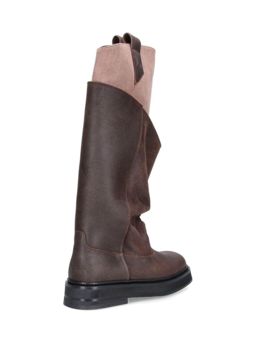 The Attico Slouchy Dark Brown Leather Boots With Light Beige Cuff