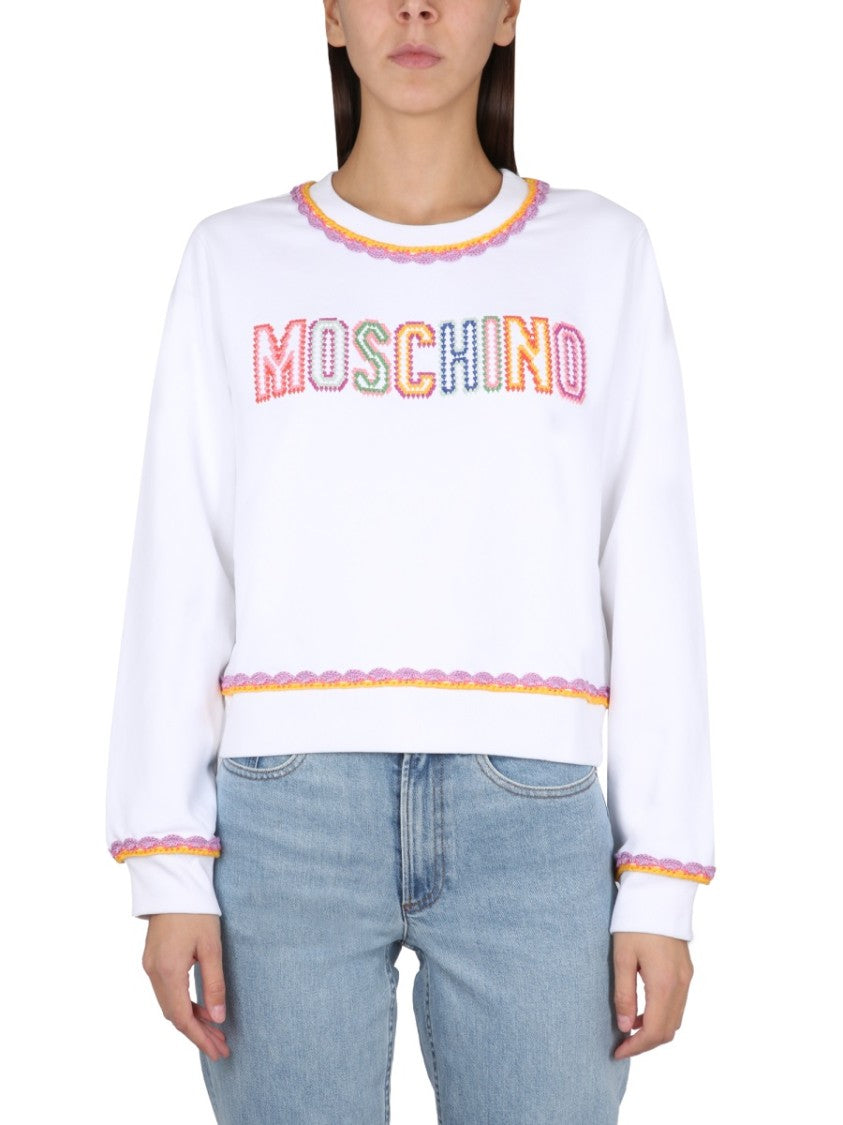 Moschino Crewneck Sweatshirt With Embroidered Logo And Scalloped Trim