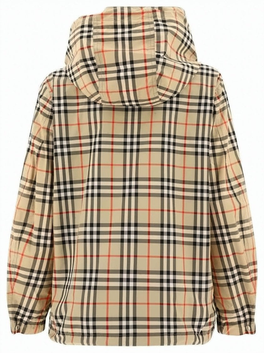 Burberry Check Pattern Hooded Jacket With Front Zipper Closure