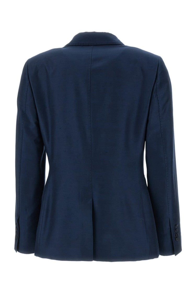 Alberto Biani Blue Iridescent Satin Double-Breasted Tuxedo Blazer
