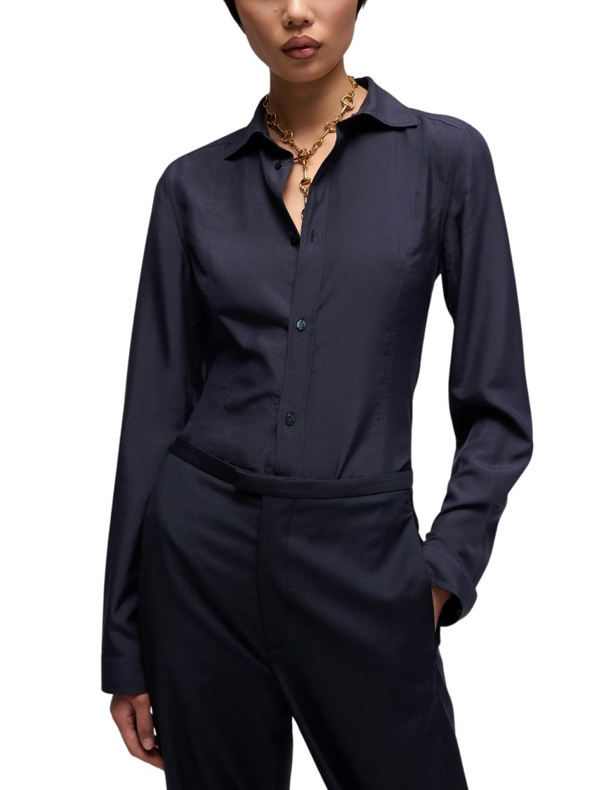 Gucci Dark Blue Silk Poplin Point-Collar Shirt