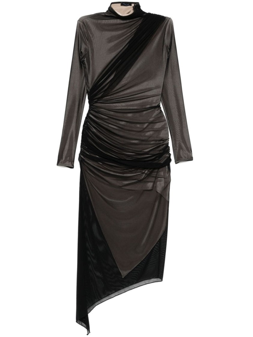 Mugler Black Ruched Draped High Neck Dress
