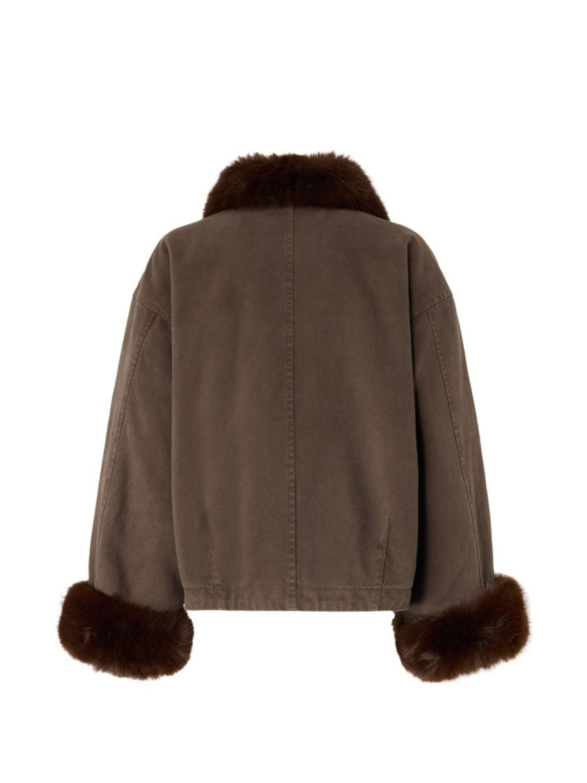 Pinko Cropped Brown Jacket With Plush Fur Collar