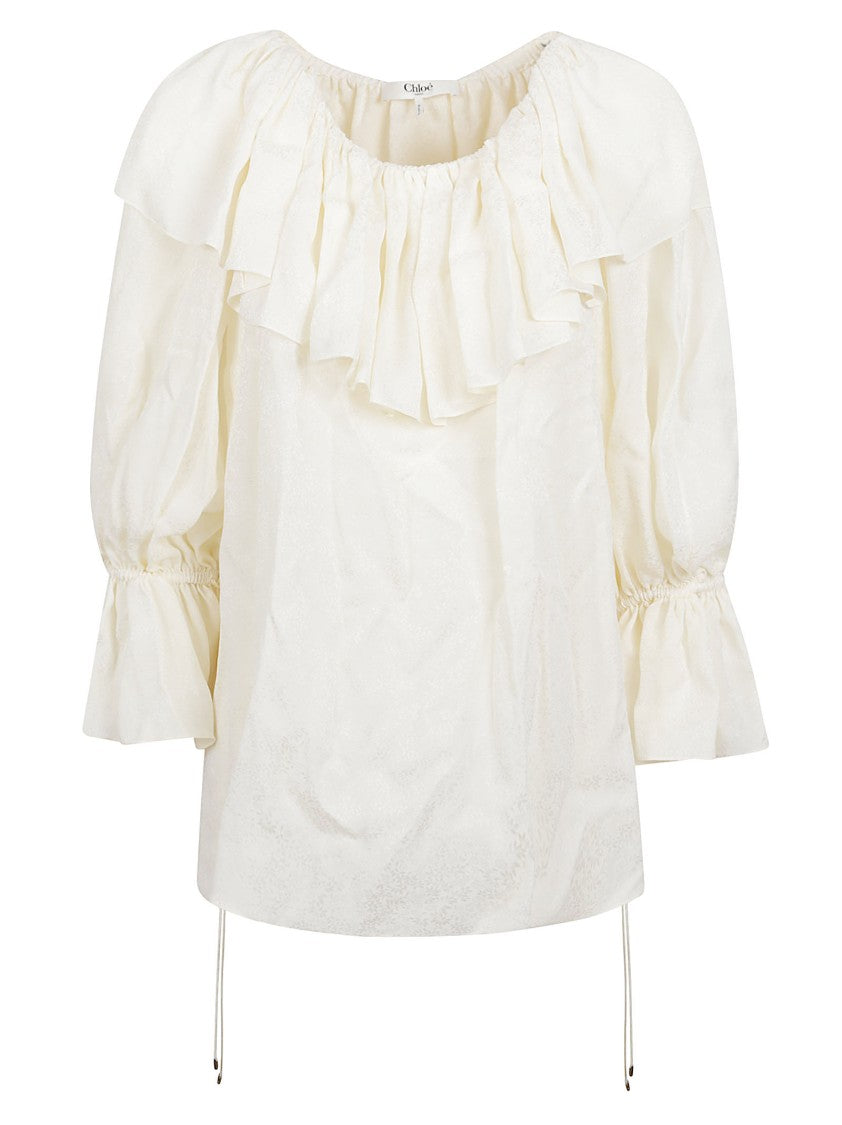 Chloé Ornamental Jacquard Silk Blouse With Ruffled Neckline