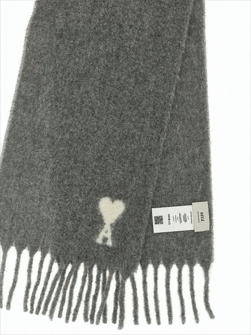 Ami Medium-Grey Alpaca Blend Scarf With Heart Logo