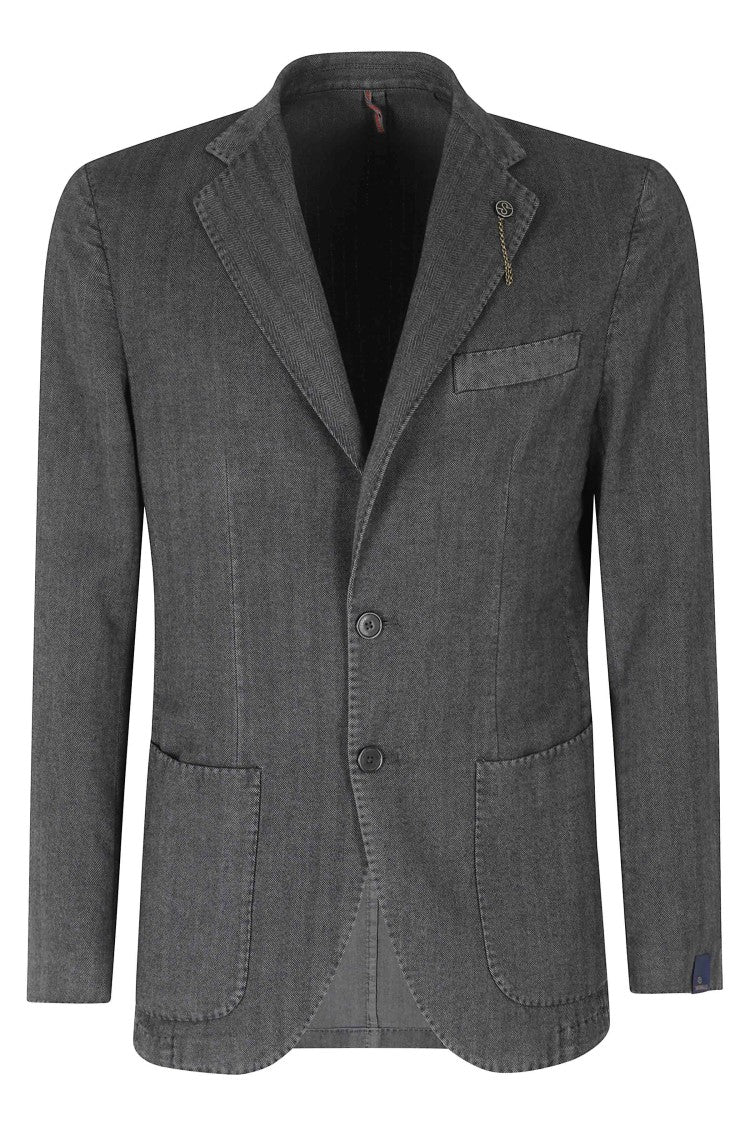 Santaniello Textured Gray Single-Breasted Jacket With Jeweled Details