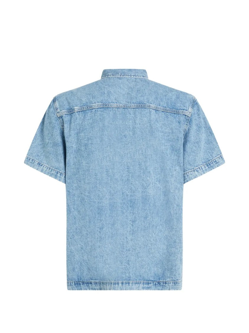 Karl Lagerfeld Light Blue Denim Short-Sleeve Shirt With Classic Collar