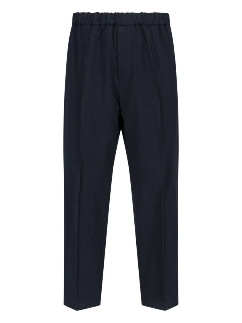 Jil Sander Cropped Tapered Blue Cotton Pants With Elastic Waistband