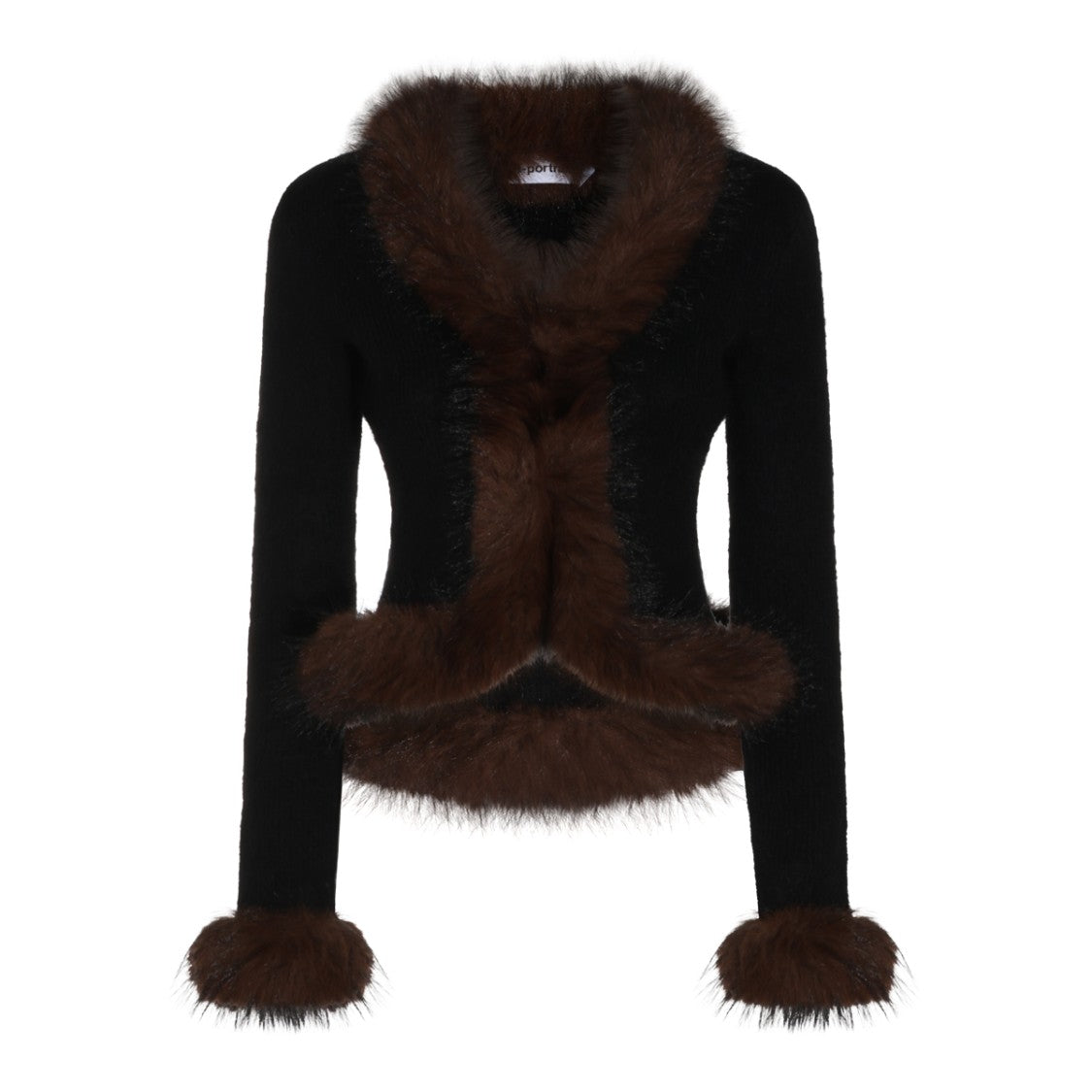 Self-Portrait Black Dark Brown Fur Trim Fitted Sweater