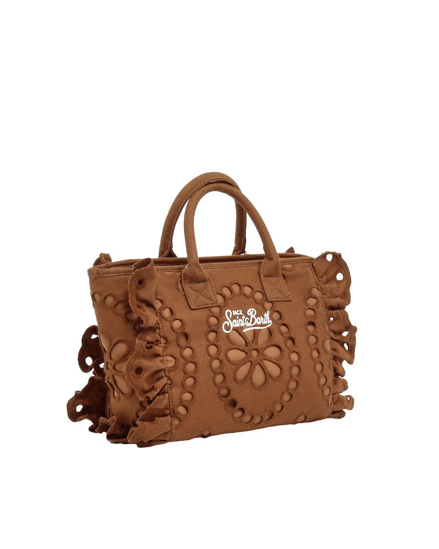 Mc2 Saint Barth Medium Brown Sangallo Embroidered Tote With Ruffled Edges