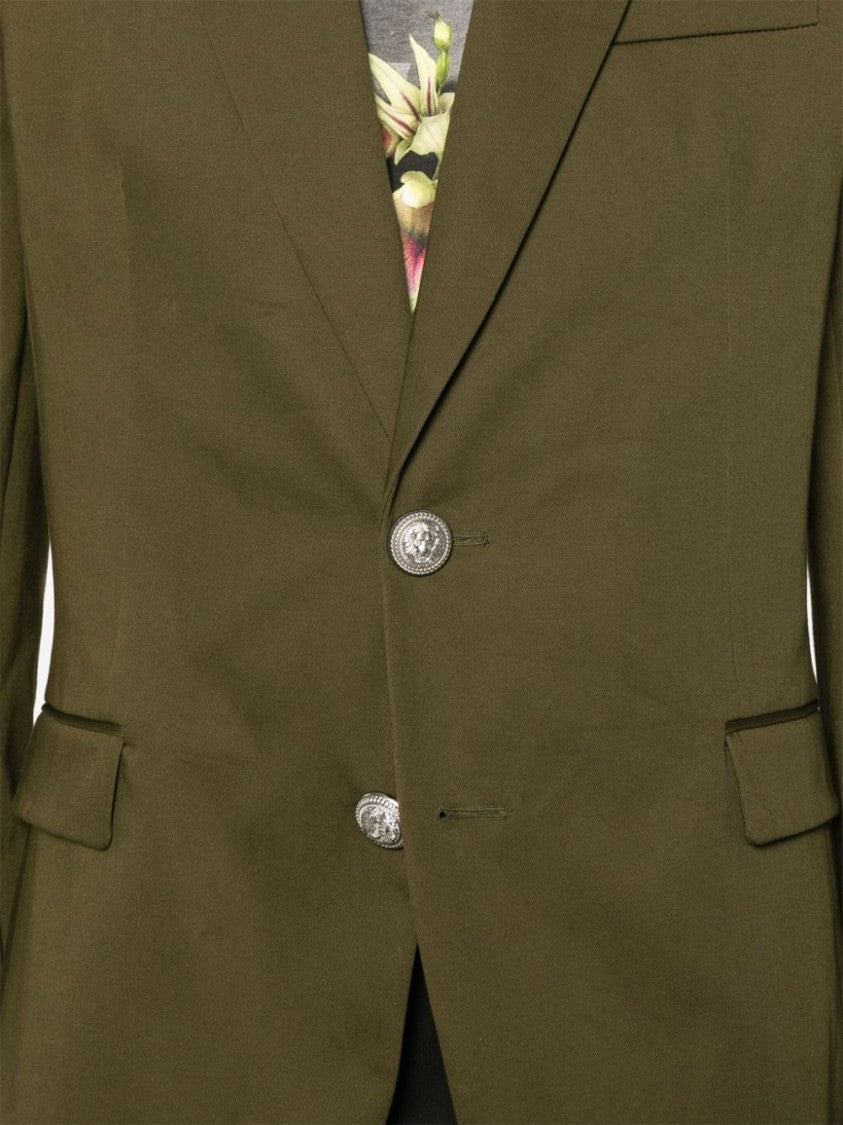 Balmain Peak Lapel Olive Green Cotton Gabardine Blazer