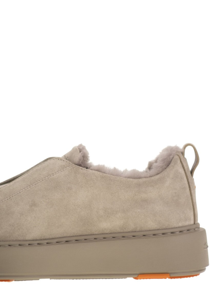 Santoni Slip-On Suede Sneakers With Fur