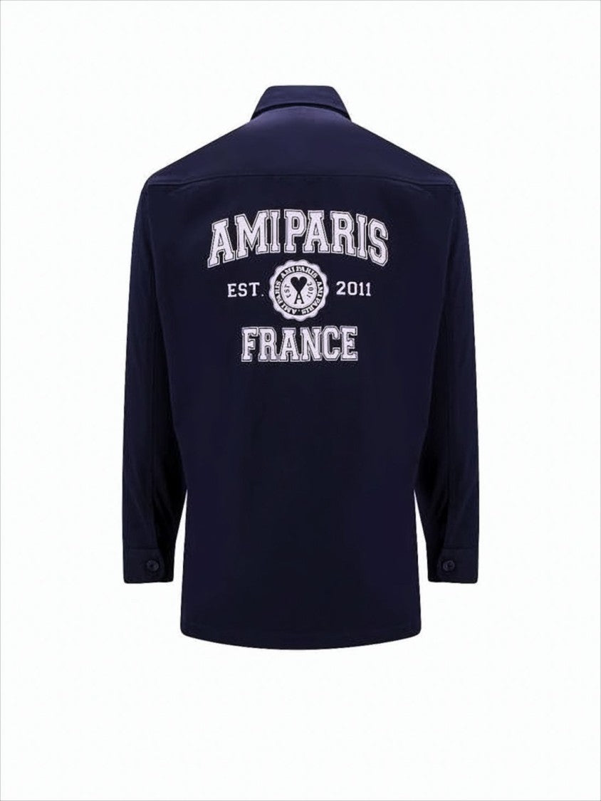 Ami Classic Blue Button-Up Shirt With Embroidered Detail