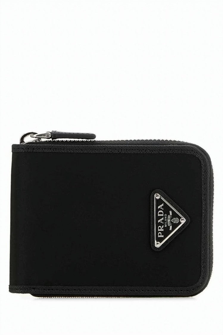 Prada Compact Black Fabric And Leather Wallet With Triangular Logo