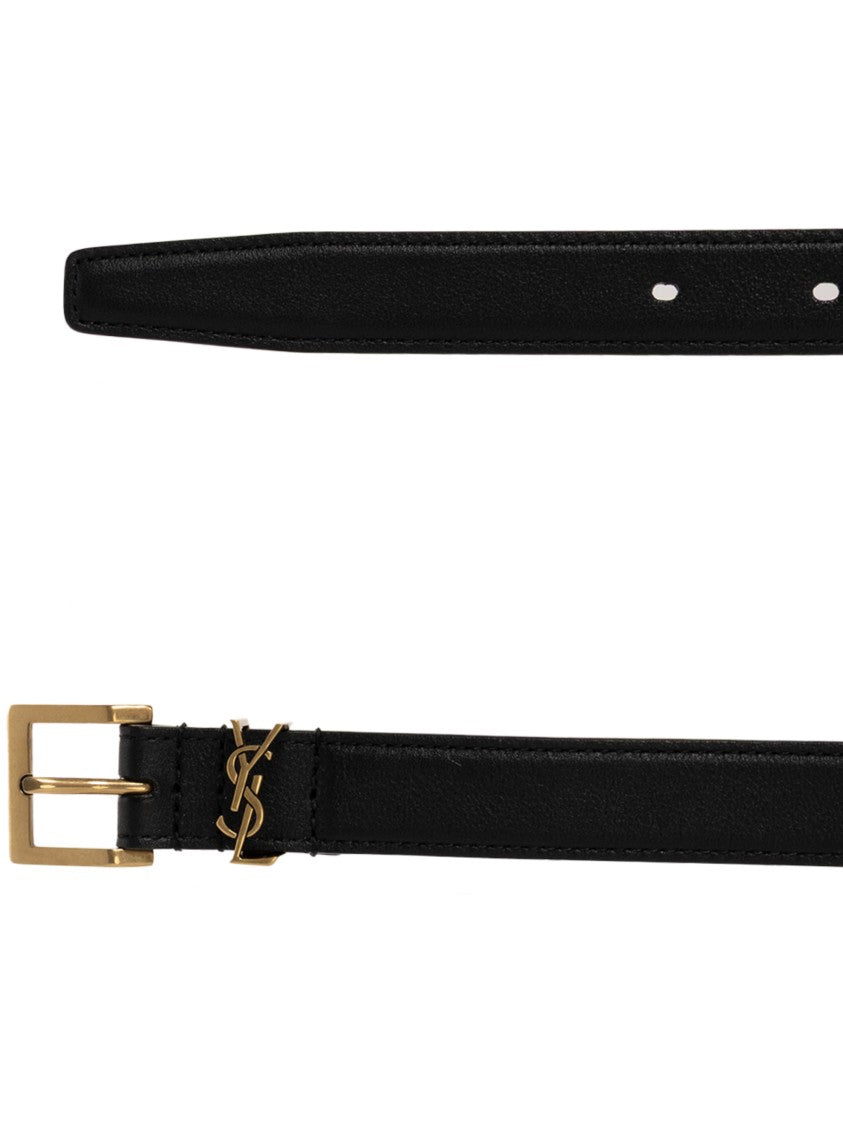 Saint Laurent Cintura Black Leather Gold-Buckle Belt