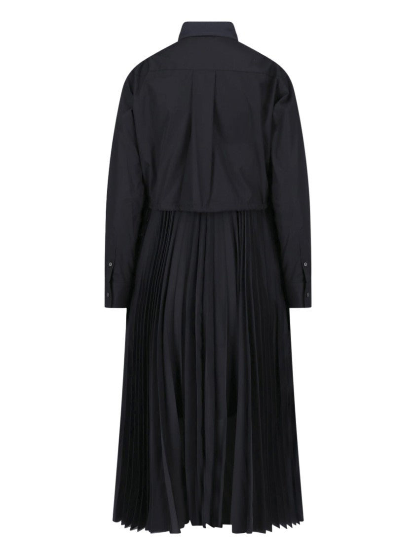 Sacai Pleated Black Midi Dress With Classic Collar
