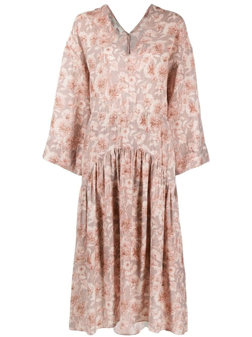 Vince Floral Pattern Midi Dress With Double V-Neckline And Gathered Waist