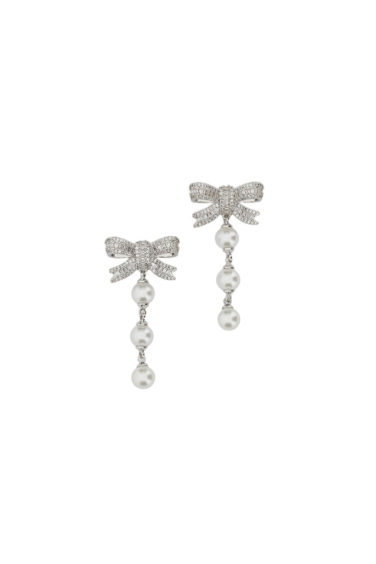 Self-Portrait Pearl Droplet Earrings With Silver-Toned Bow And Crystal Embellishments